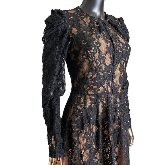 Michael Kors Lace Dress Black Puff Sleeve Nude Lining Floral Overlay Party SZ 4 - Picture 9 of 14